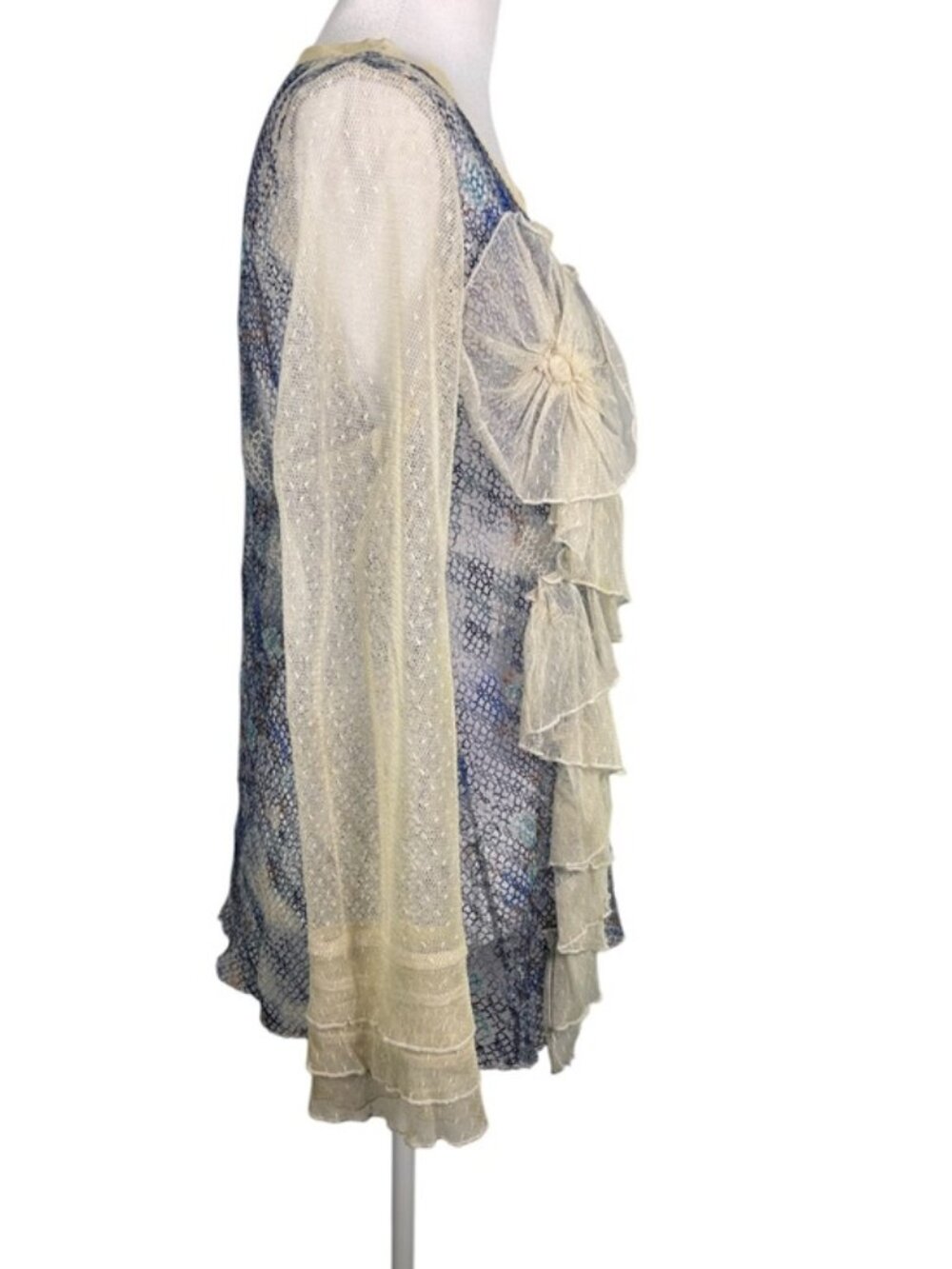 Farinelli Blue Ivory Mesh Ruffle Tunic Top L Boho Lagenlook Artwear - Picture 6 of 11